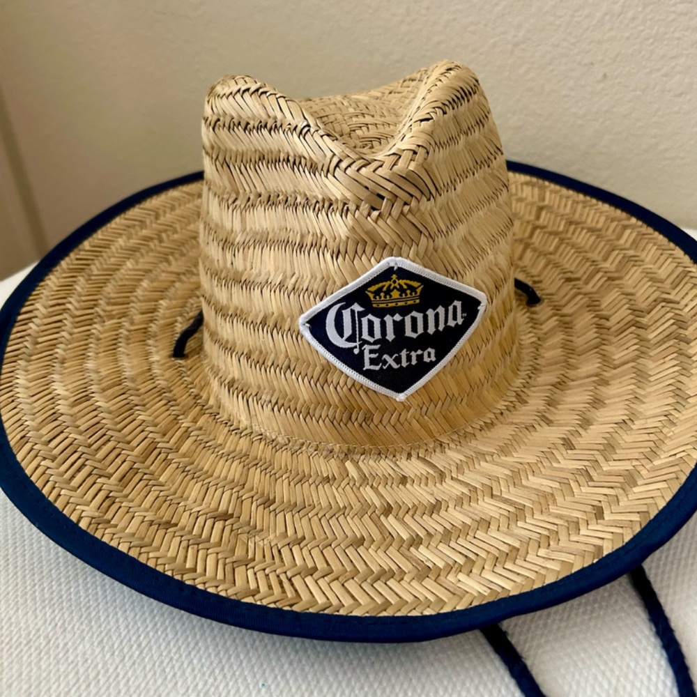 Corona Straw Hat Lifeguard Hat Blue Trim Island Design Chin Strap Corona Patch - Picture 3 of 7
